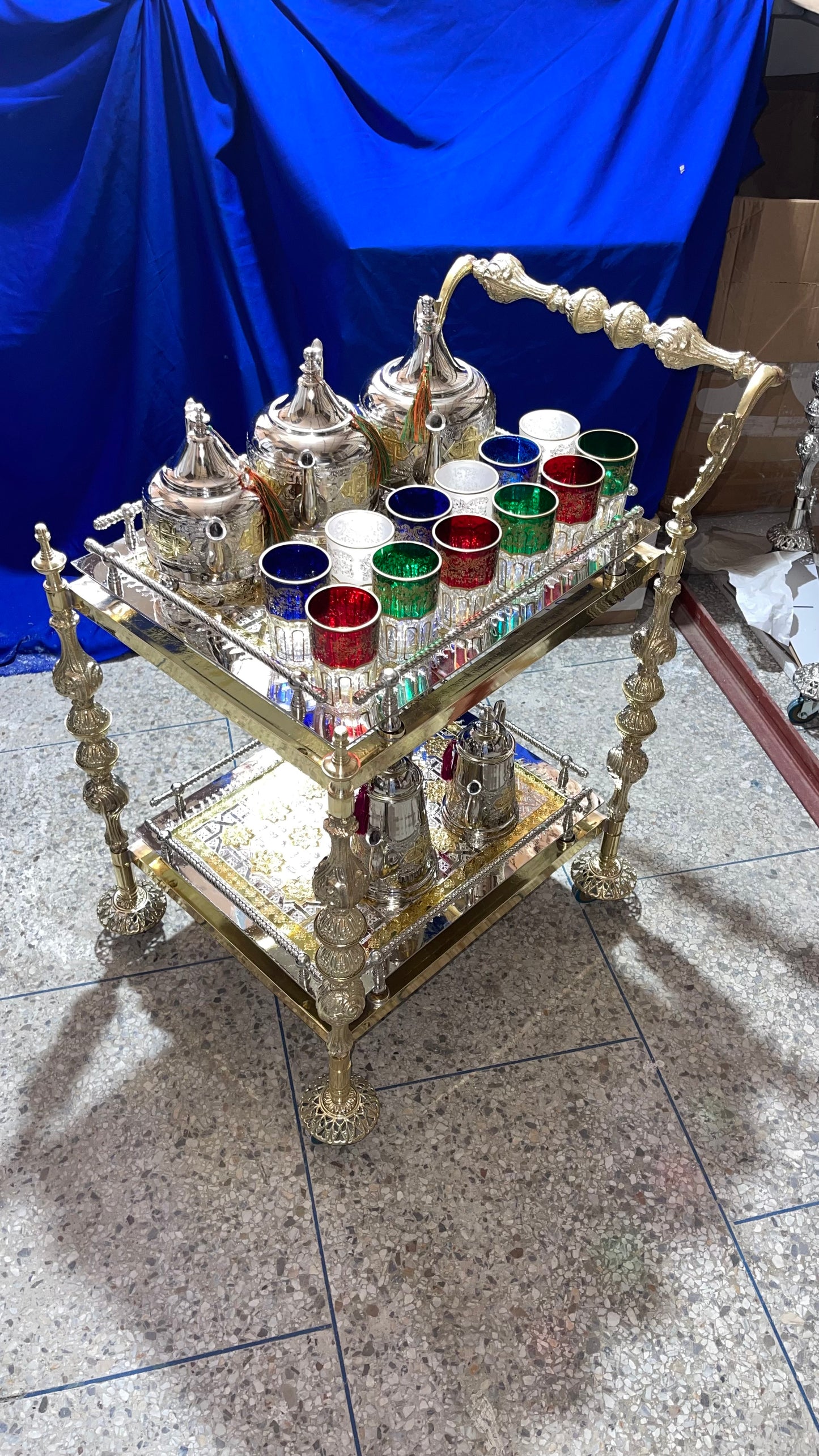 Luxury Rectangular Moroccan Copper Trolley - Handcrafted Golden Service