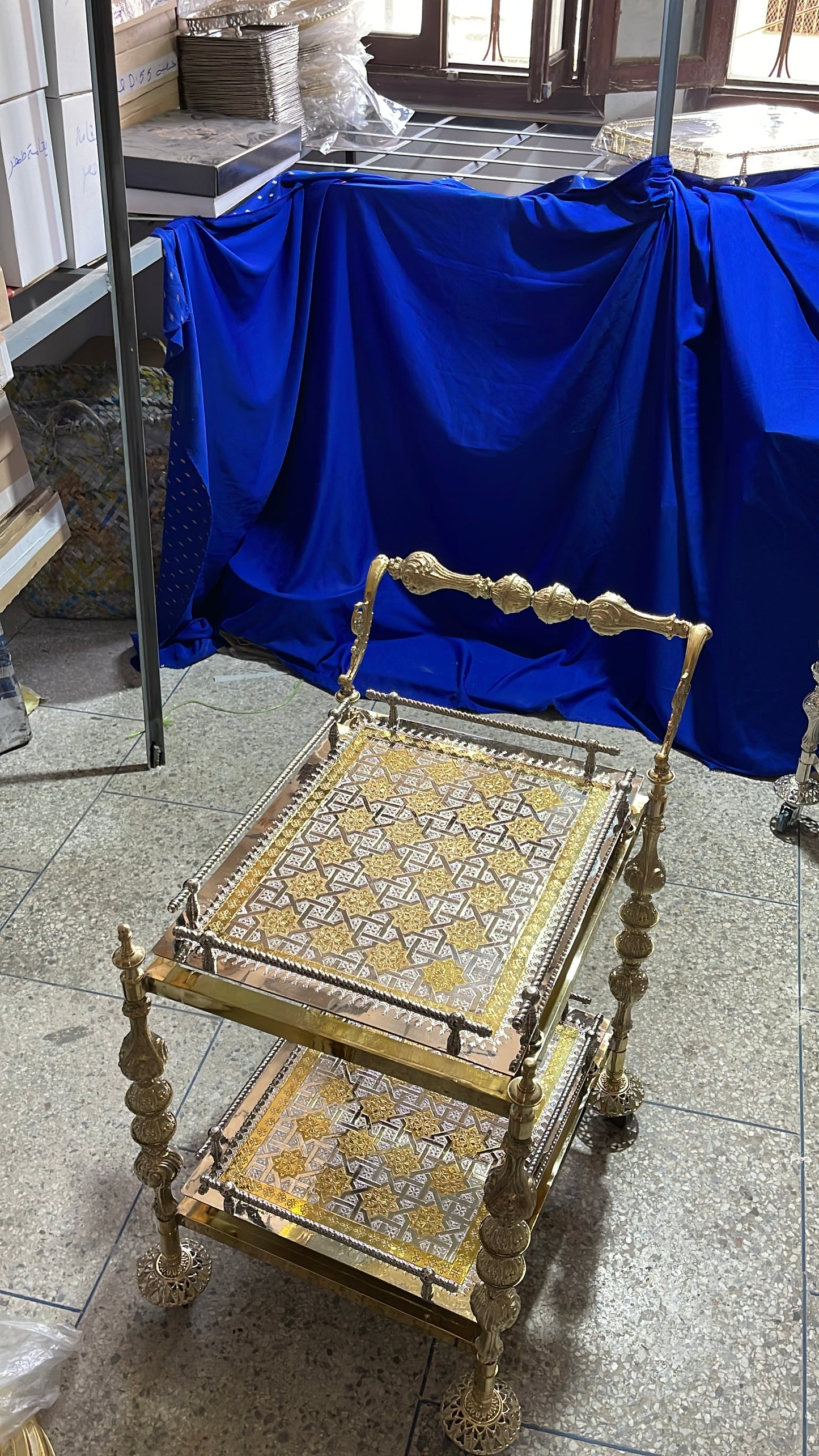Luxury Rectangular Moroccan Copper Trolley - Handcrafted Golden Service