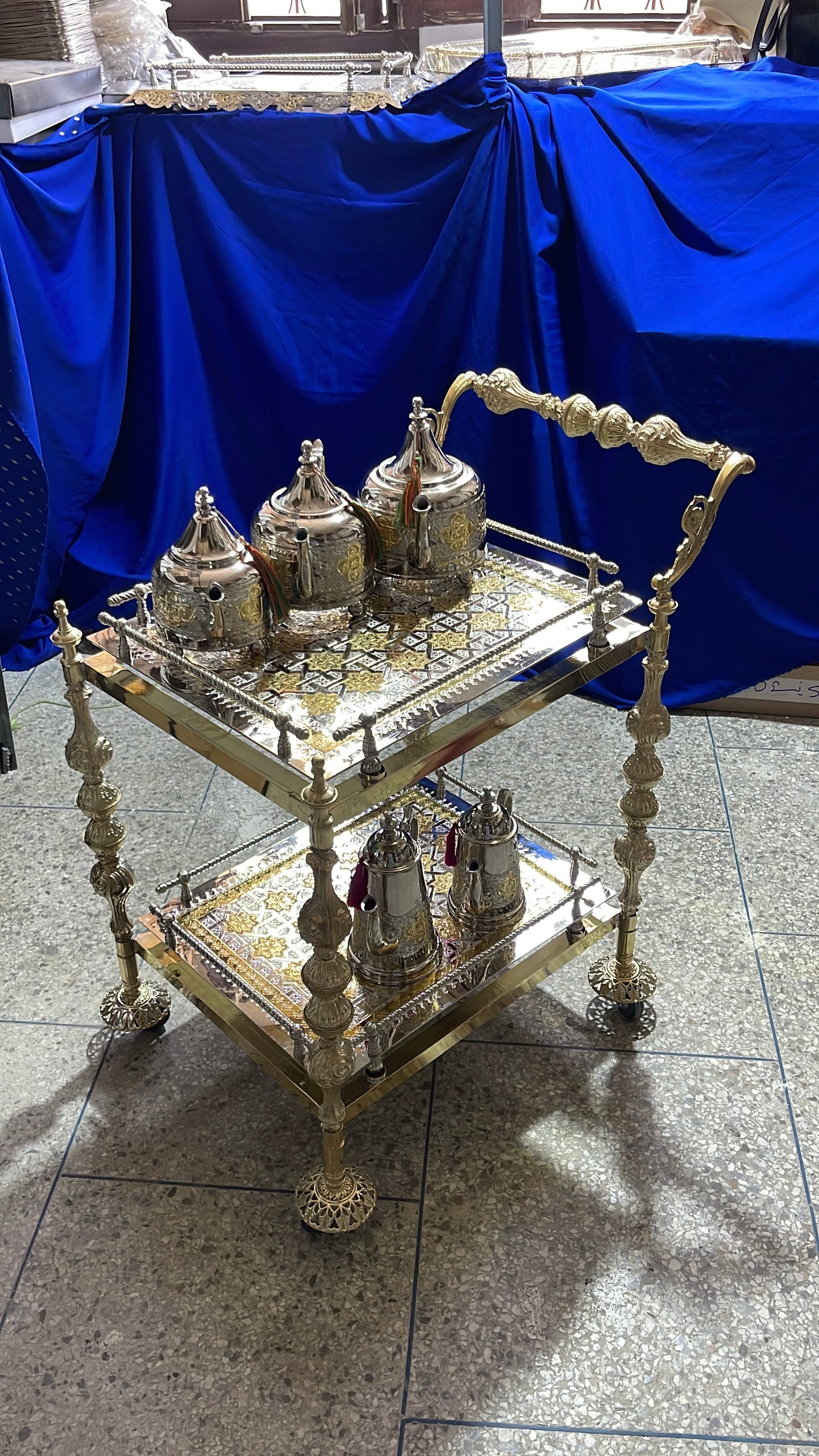 Luxury Rectangular Moroccan Copper Trolley - Handcrafted Golden Service