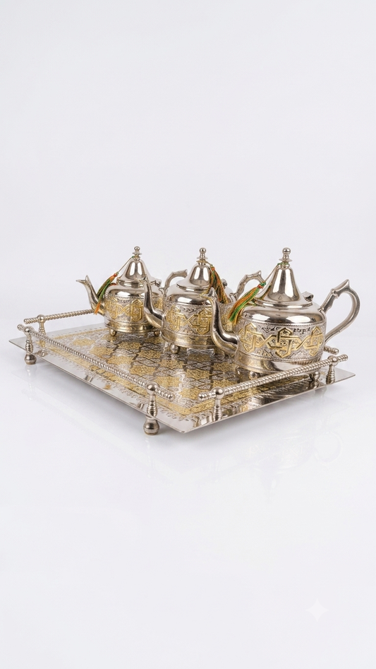 Luxury Moroccan Tea Set - Handmade Silver-Plated Teapot, Tray & Traditional Glasses