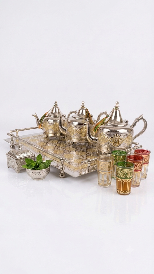 Luxury Moroccan Tea Set - Handmade Silver-Plated Teapot, Tray & Traditional Glasses