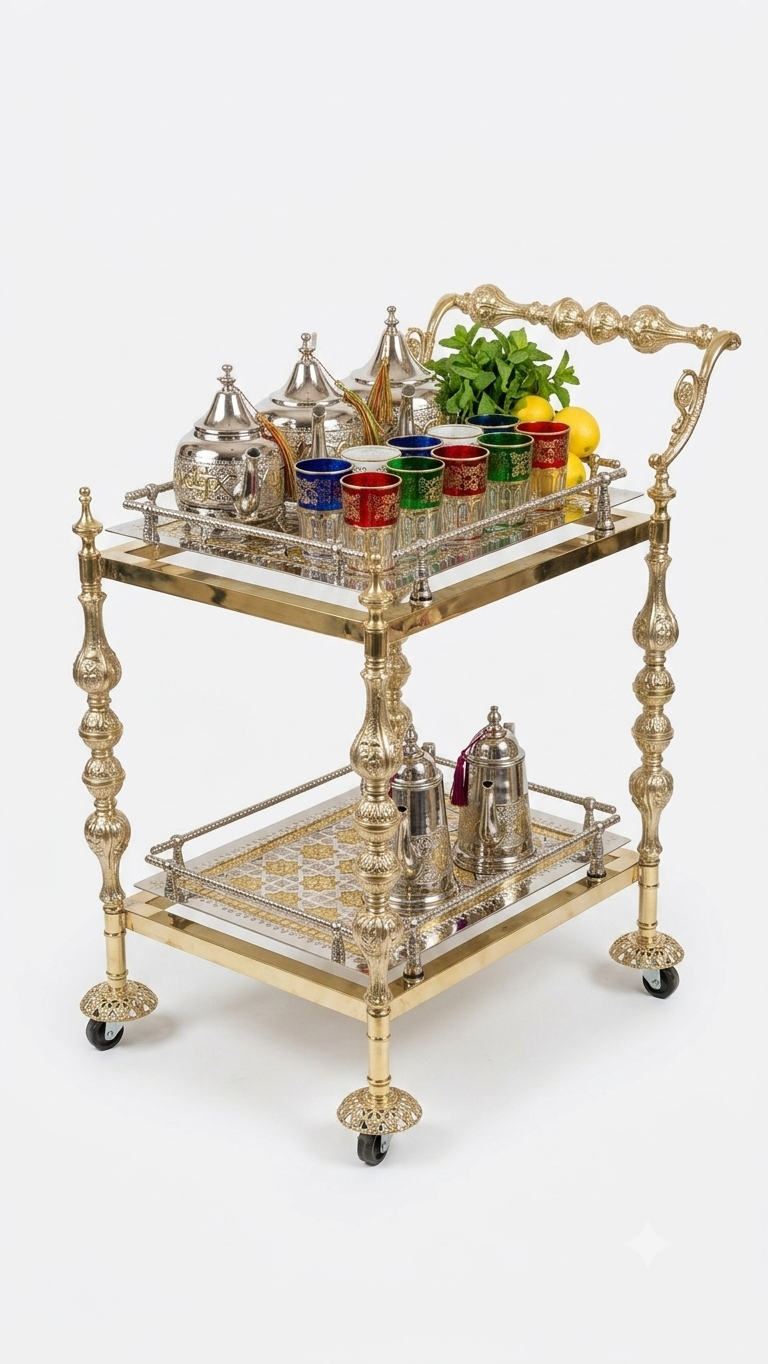 Luxury Rectangular Moroccan Copper Trolley - Handcrafted Golden Service