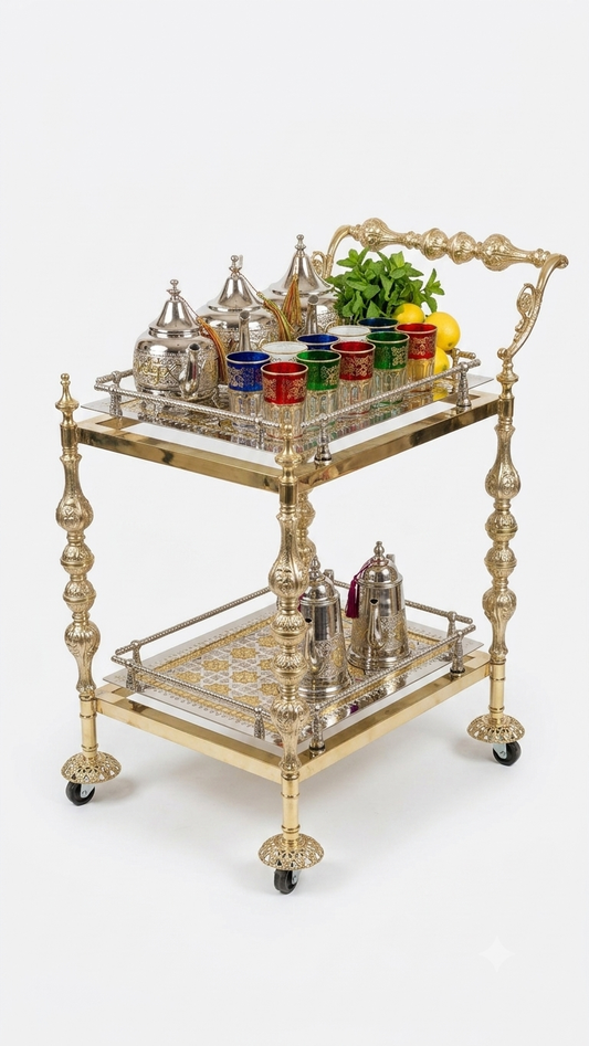 Luxury Rectangular Moroccan Copper Trolley - Handcrafted Golden Service