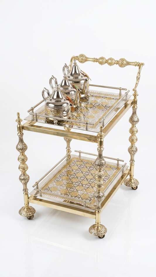 Luxury Rectangular Moroccan Copper Trolley - Handcrafted Golden Service